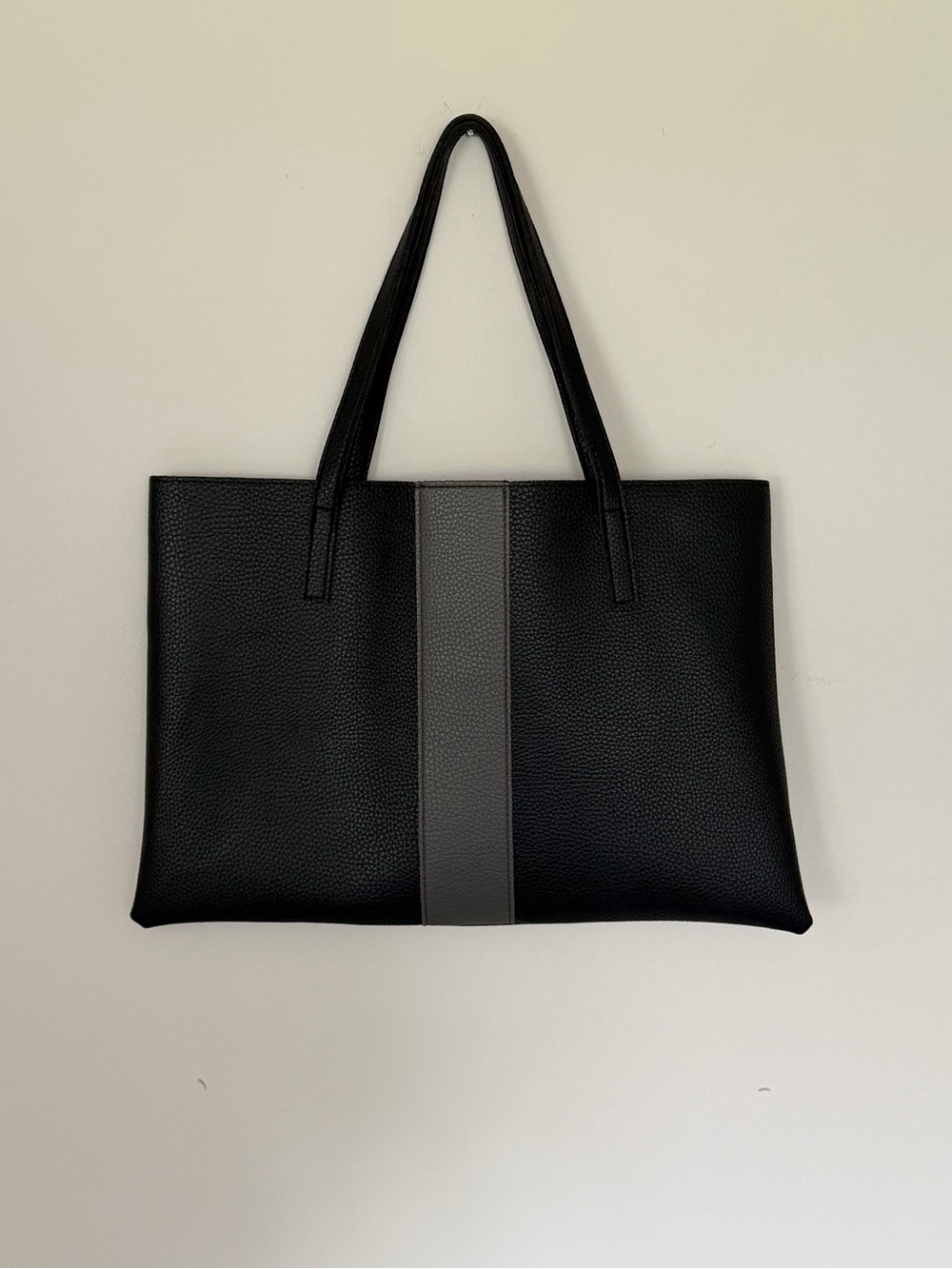 Vince Camuto Black Pebbled Tote Bag Taupe Gray Stripe